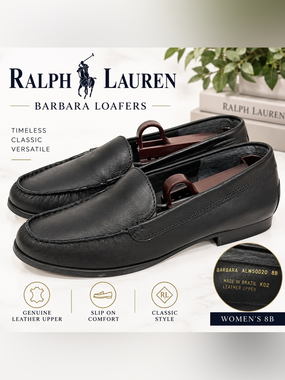 Ralph Lauren Barbara Black Leather Loafers Slip On Shoes Women’s 8B